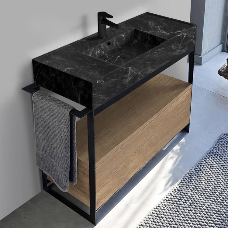 Scarabeo 5124-G-SOL1-89-One Hole Console Sink Vanity With Black Marble Design Sink and Natural Brown Oak Drawer, 43 Inch